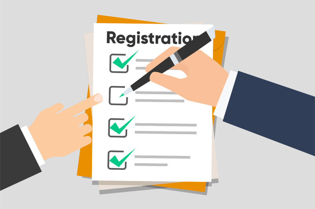 man hold registration clipboard with checklist. man hold in hand clipboard agreement. flat design, illustration on background